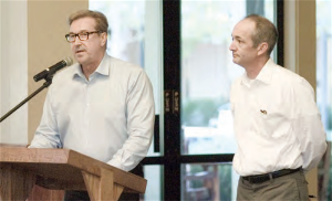 Developer Terrance Tallen, left, and architect Norman Sears gave residents an update on the latest developments with the Rossmoor Shopping Center. | News photo by Mike DiCarlo