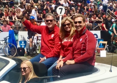 Terry Tallen and his wife Diane ride alongside former Indiana Vice President and Director of Athletics Fred Glass in the pace car for the 2018 Little 500